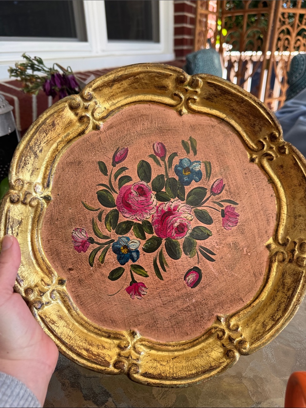 Hand-Painted Floral Decorative Plate in Gold & Rose